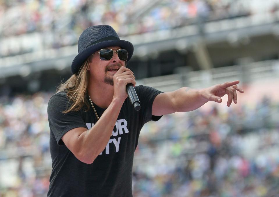 In this photo taken Feb. 22, 2015, singer Kid Rock performs a concert before the Daytona 500 auto race in Daytona Beach, Fla.