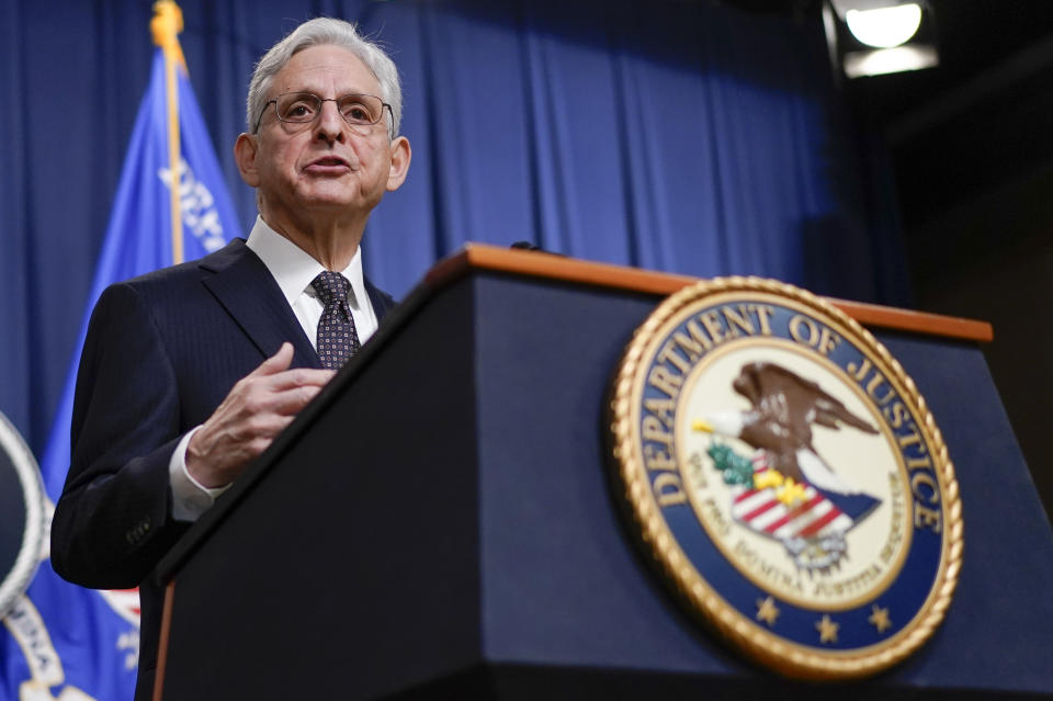 Attorney General Merrick Garland speaks during a news conference at the Department of Justice in Washington, Friday, Jan. 27, 2023, to discuss recent law enforcement action in transnational security threats case. (AP Photo/Carolyn Kaster)