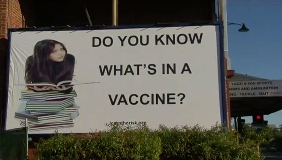 This billboard discouraging vaccinations has caused uproar in Perth. Source: 7 News