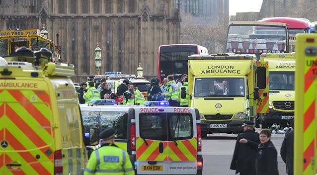 Emergency services at the scene of the terrorist attack in London. Photo: AAP