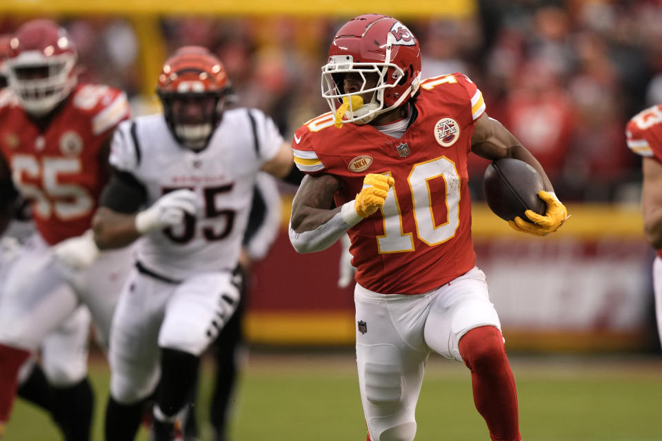 Kansas City Chiefs running back Isiah Pacheco (10) runs with the ball during the first half of an NFL football game against the Cincinnati Bengals Sunday, Dec. 31, 2023, in Kansas City, Mo. (AP Photo/Charlie Riedel)