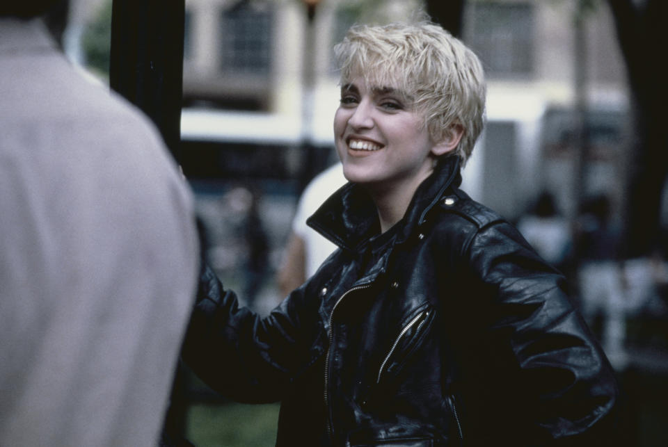 American singer and actress Madonna filming the video for her song 'Papa Don't Preach' in New York City, 1986. The video is being directed by James Foley. (Photo by Vinnie Zuffante/Michael Ochs Archives/Getty Images)