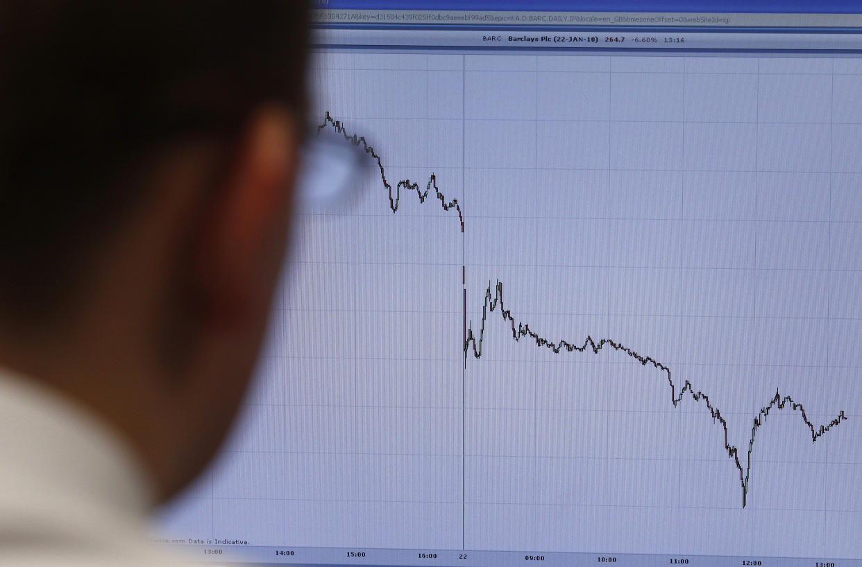 A trader poses in front of a screen on a trading floor in London January 22, 2010. The FTSE 100 was set on course for its biggest weekly fall in three months at midday on Friday, as U.S. president's plans to limit banking activities hit bank shares, while commodities fell on demand fears.   REUTERS/Stefan Wermuth (BRITAIN - Tags: BUSINESS)