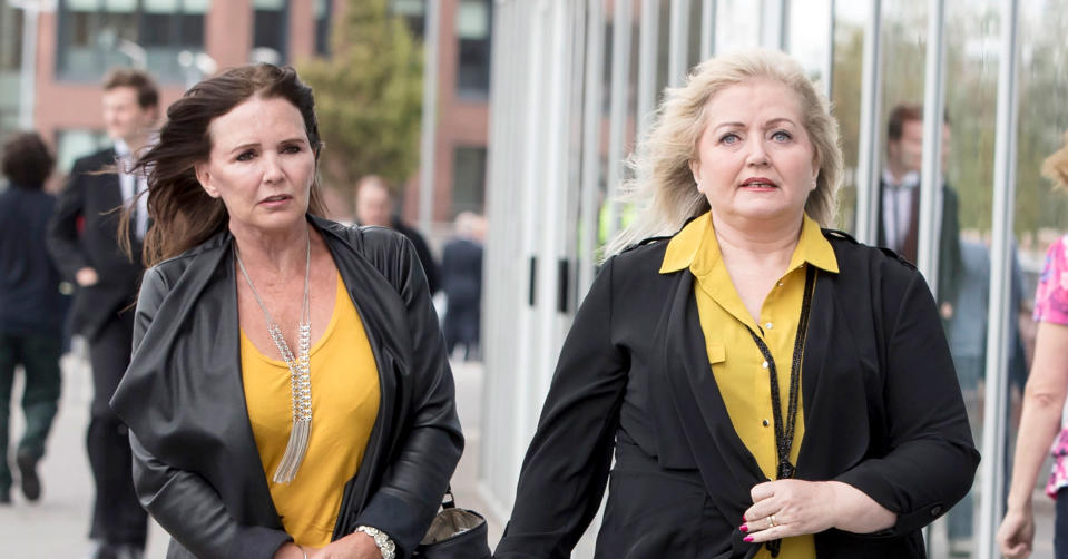 Maureen and Linda Nolan (right) arrive at the New York Stadium in Rotherham for the funeral of Barry Chuckle.