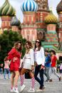 <p>Croatian fans pose for photographs at Red Square in Moscow on July 10, 2018, on the eve of the Russia 2018 World Cup semi-final football match between between Croatia and England. (Photo by MANAN VATSYAYANA / AFP) </p>