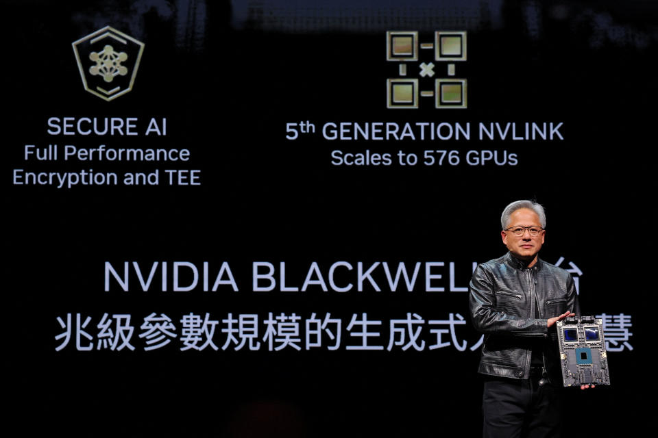 Nvidia CEO Jensen Huang present NVIDIA Blackwell platform at an event ahead of the COMPUTEX forum, in Taipei, Taiwan June 2, 2024. REUTERS/Ann Wang