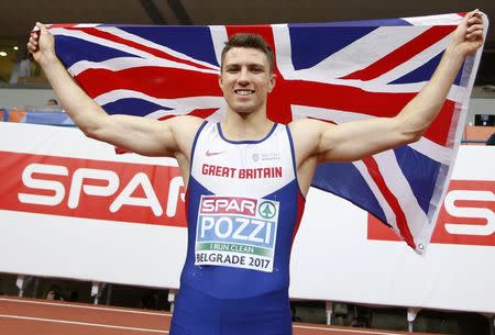 Athletics - European Athletics Indoor Championship - Men's 60m Hurdles Final - Kombank Arena, Belgrade, Serbia - 03/03/17 - Andy Pozzi of Britain celabrates winning. REUTERS/Novak Djurovic