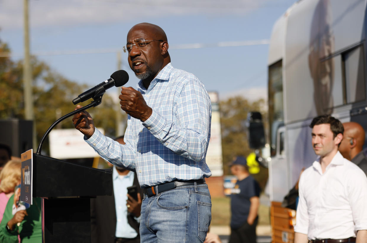 FILE - U.S. Sen. Raphael Warnock, D-Ga., speaks a campaign event in Clarkston, Ga., on Thursday, Nov. 3, 2022. (AP Photo/Bob Andres, File)