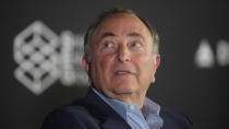 NHL Commissioner Gary Bettman looks on during a news conference Friday, April 19, 2024, in Salt Lake City about the move of the Arizona Coyotes franchise to Salt Lake City. (AP Photo/Rick Bowmer)