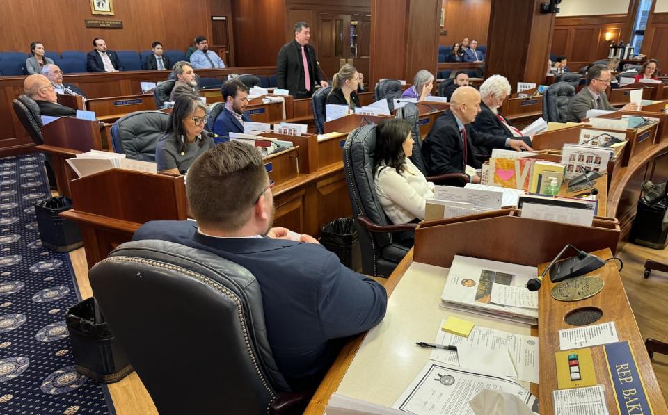 Rep. Thomas Baker, R-Kotzebue, and other members of the Alaska House of Representatives, listen as Rep. Will Stapp, R-Fairbanks, delivers closing arguments on House Bill 50, the carbon storage bill, on Wednesday, April 17, 2024. (Photo by James Brooks/Alaska Beacon)