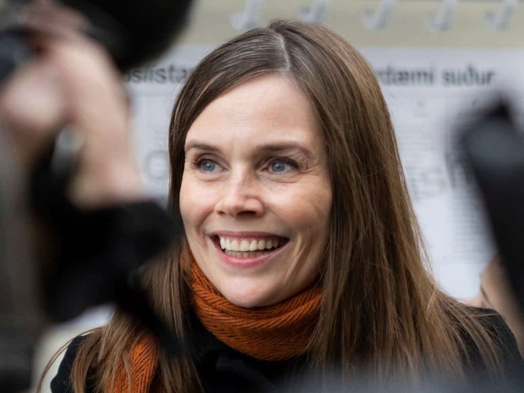 Iceland’s Prime Minister Katrin Jakobsdottir speaks to the media after voting at a polling station in Reykjavik (AP)