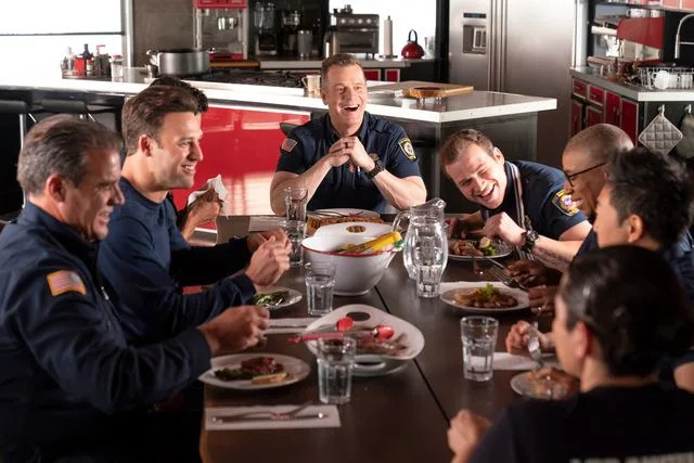 <p>Mike Taing/Disney</p> Ryan Guzman, Peter Krause, Oliver Stark and Aisha Hinds on '9-1-1' season 7.