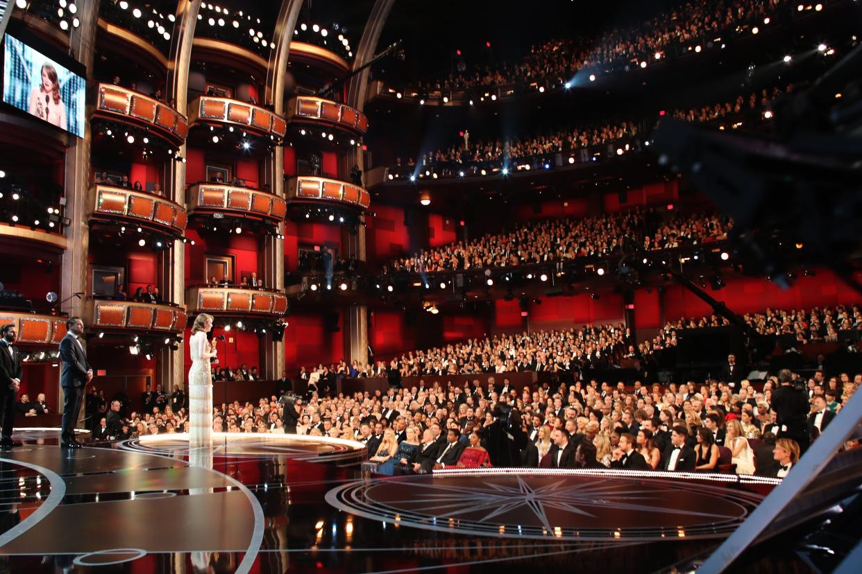 <p>New look: Emma Stone accepts an award at the 2017 Oscars</p> (Christopher Polk/Getty Images)