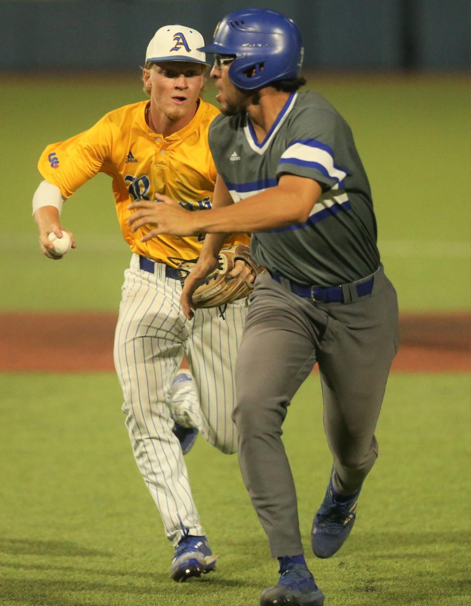 Angelo State University's Justin Harris gets ready to tag a Texas A&M-Kingsville baserunner out during Game 4 of the NCAA D-II South Central Regional at Foster Field at 1st Community Credit Union Stadium on Friday, May 20, 2022.