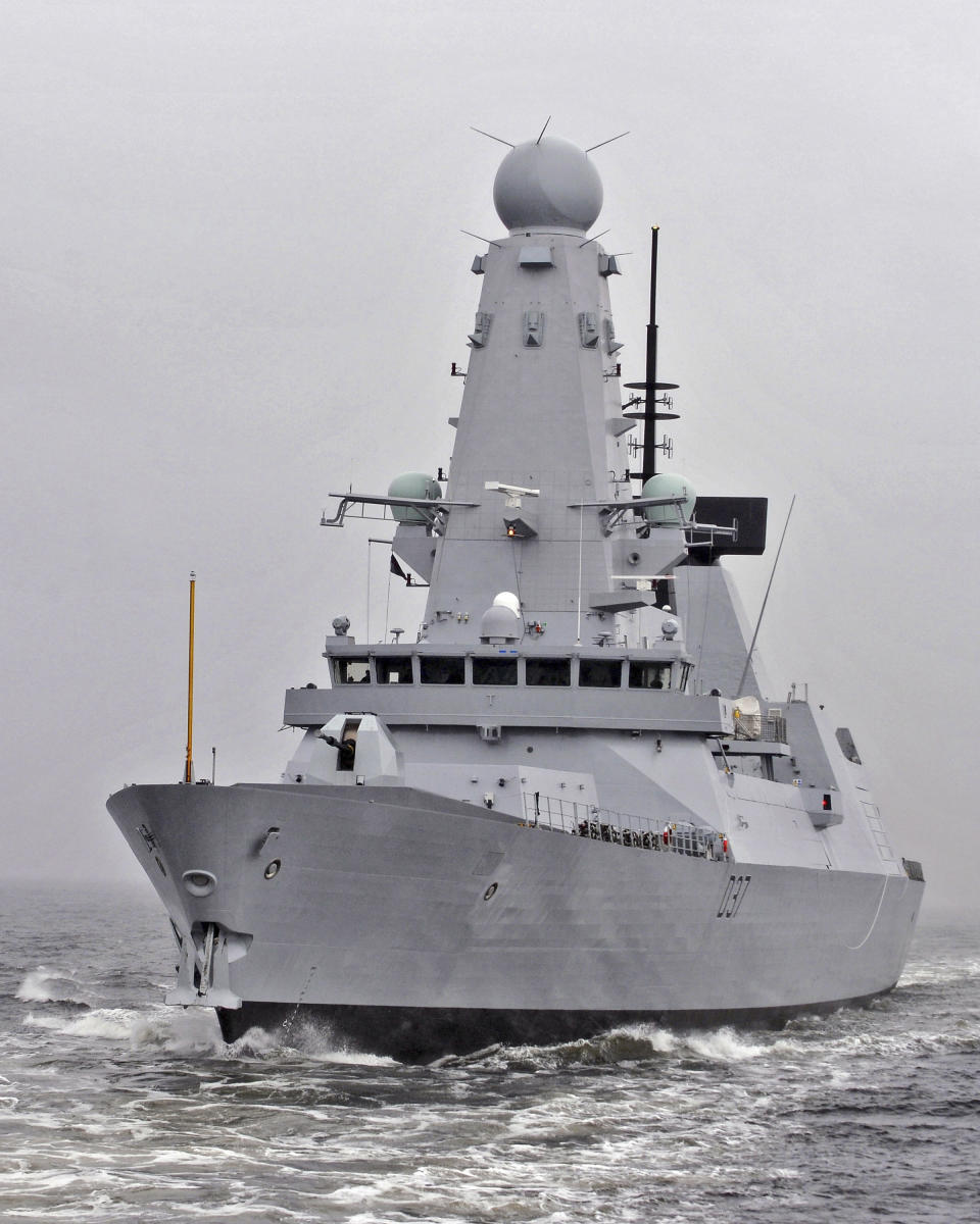 This undated Ministry of Defence handout shows the HMS Duncan, a Type 45 Destroyer, which will relieve HMS Montrose in the region as Iran threatens to disrupt shipping. Iran on Friday, July 12, 2019 demanded the British navy release an Iranian oil tanker seized last week off Gibraltar, accusing London of playing a “dangerous game” and threatening retribution. British media reported a second warship, the destroyer HMS Duncan, was being sent to the Persian Gulf to operate alongside the Royal Navi’s HMS Montrose frigate and American forces, and would be there in a few days. The British Ministry of Defense refused to comment. (Stu Hill/Ministry of Defence via AP)