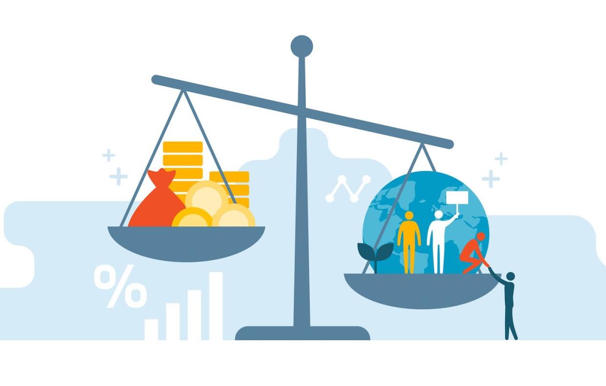 Businesses tend to value profit over people and planet. Climate change is forcing them to evolve. <a href="https://www.gettyimages.com/detail/illustration/business-profit-and-human-rights-royalty-free-illustration/1189915921" rel="nofollow noopener" target="_blank" data-ylk="slk:elenabs via Getty Images;elm:context_link;itc:0;sec:content-canvas" class="link ">elenabs via Getty Images</a>