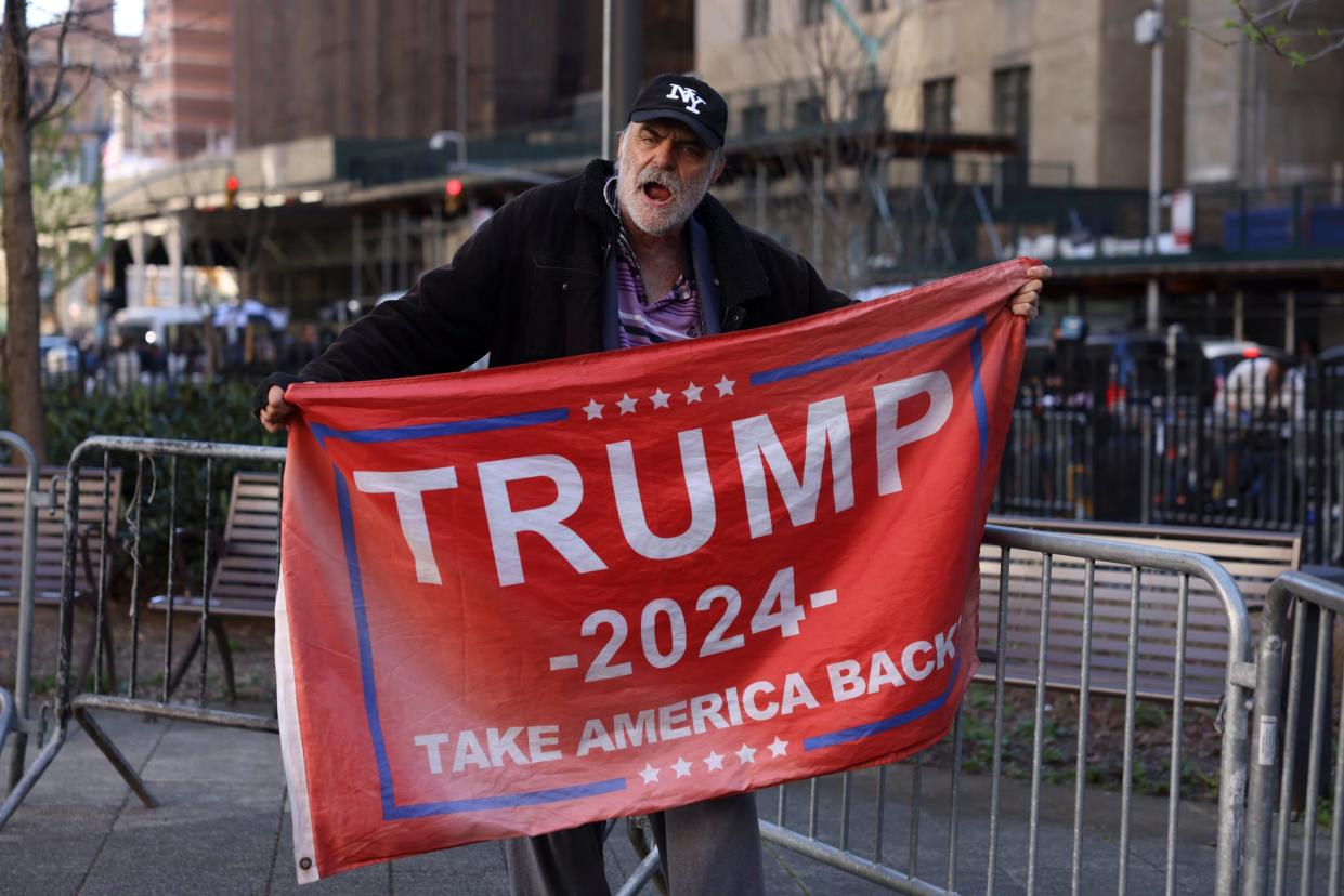Gary Phaneuf of Staten Island, who identified himself as an insurrectionist during the breach of the U.S. Capitol on Jan. 6, gathers outside of the New York State Supreme Court for the arrival of former President Donald Trump on day two of jury selection in the hush money trial on April 16, 2024 in New York City.