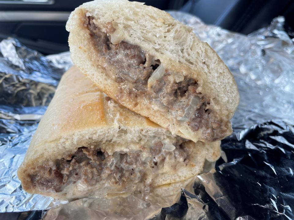 A cheesesteak with onions from Bruno's Pizza & Subs in Neptune City.