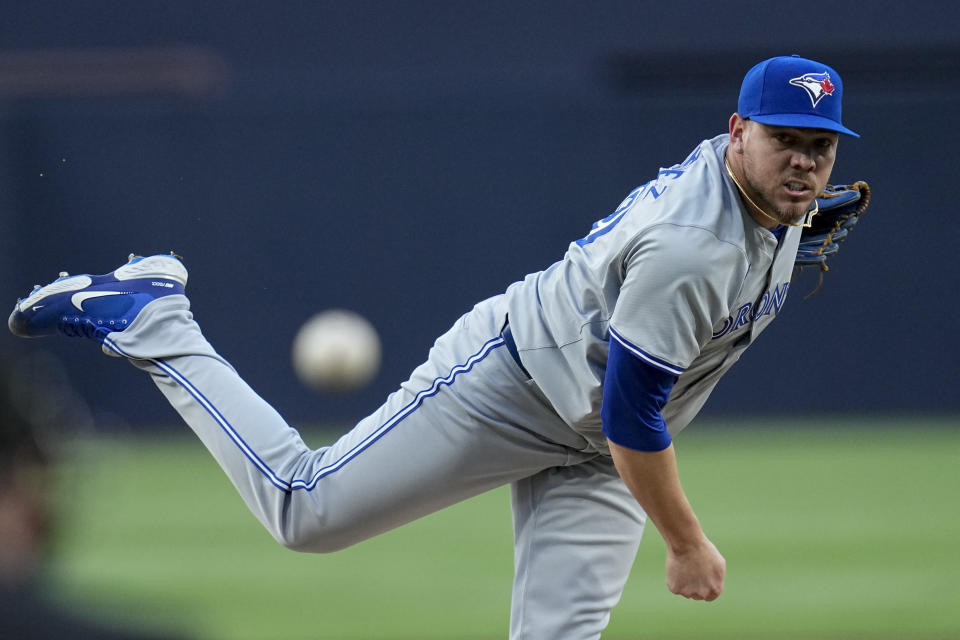 Toronto Blue Jays starting pitcher Yariel Rodriguez works against a San Diego Padres batter during the first inning of a baseball game, Friday, April 19, 2024, in San Diego. (AP Photo/Gregory Bull)