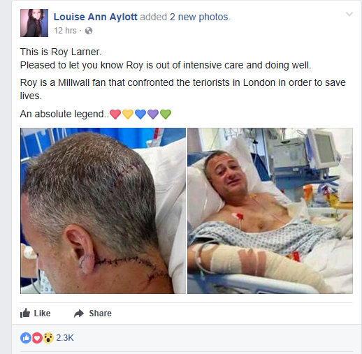 Página de Facebook de Louise Ann Aylott. “Roy es el hincha del Millwall que se enfrentó a los terroristas y salvó la vida de varias personas. Una absoluta leyenda”, escribió Aylott.