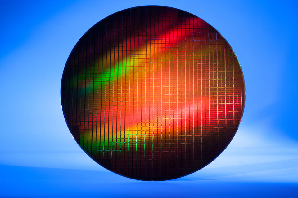 A wafer of memory chips.