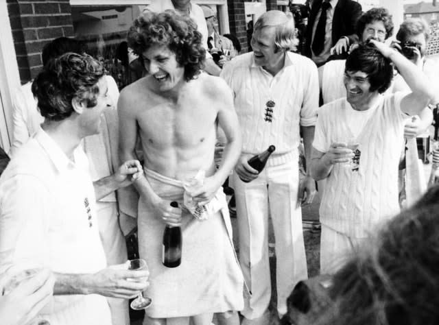 Willis (second from left) celebrates England's third successive win over Australia which clinched the both the Test series and the Ashes 