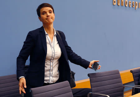 Frauke Petry, chairwoman of the anti-immigration party Alternative fuer Deutschland (AfD) leaves a news conference in Berlin, Germany, September 25, 2017. REUTERS/Fabrizio Bensch