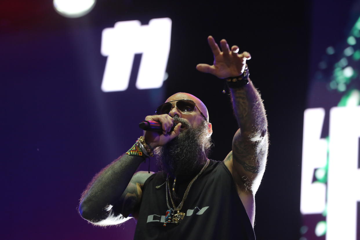 MONTERREY, MEXICO - JUNE 25: BABO, singer of Cártel de Santa performs during the Machaca Fest 2022 at Parque Fundidora on June 25, 2022 in Monterrey, Mexico. (Photo by Medios y Media/Getty Images)