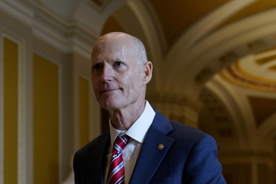 FILE - Sen. Rick Scott, R-Fla., walks outside a meeting on Senate Republican leadership elections on Capitol Hill in Washington, Nov. 16, 2022. A number of high-profile Republican senators will also be up for reelection in 2024, including Ted Cruz of Texas, Josh Hawley of Missouri and Rick Scott of Florida. (AP Photo/Patrick Semansky, File)