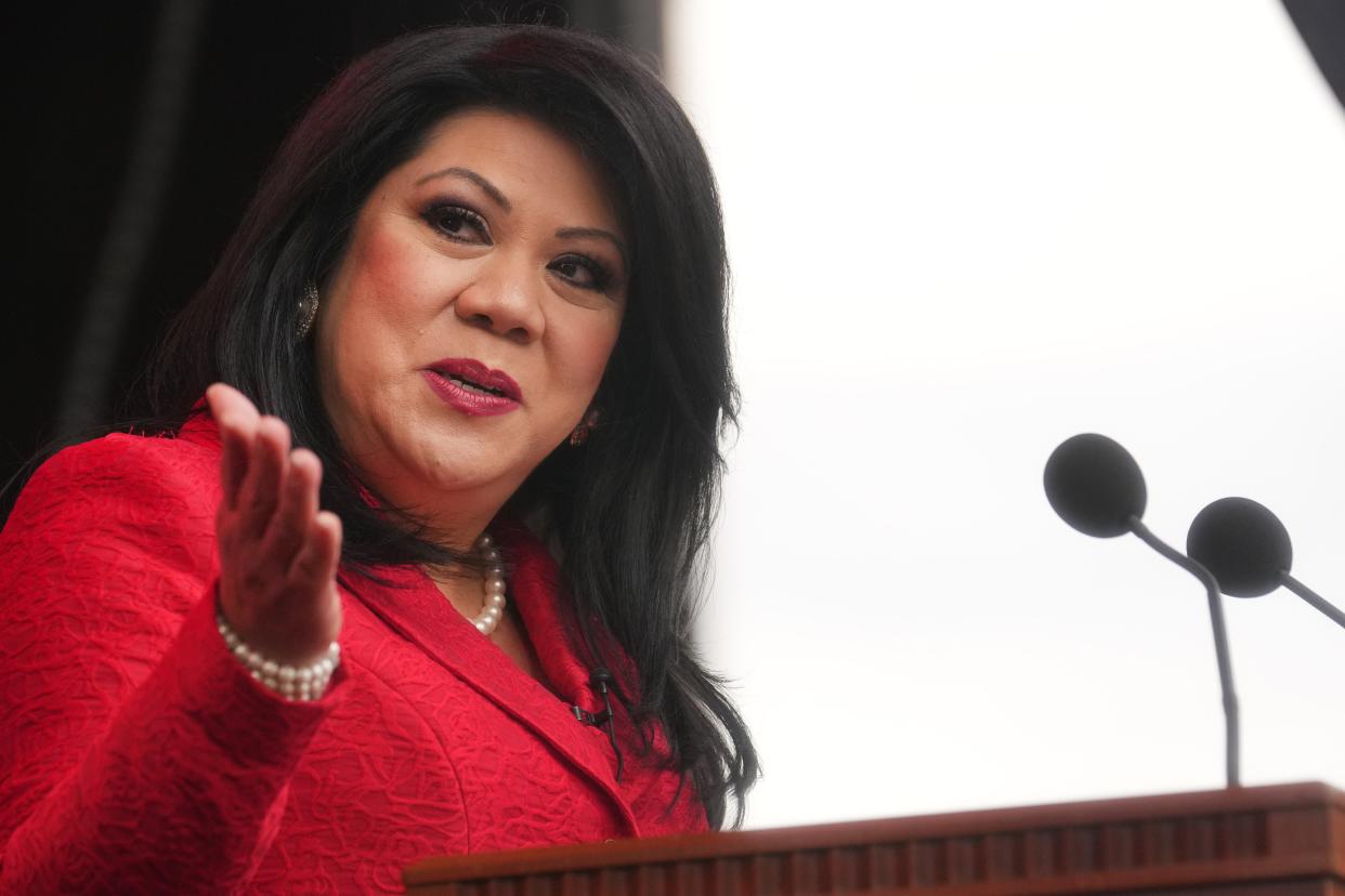 Arizona Treasurer Kimberly Yee speaks during her ceremonial inauguration at the Arizona state Capitol in Phoenix on Jan. 5, 2023.