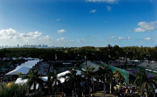 Skyline of Miami is seen during Day 4 of the Sony Ericsson Open at Crandon Park Tennis Center, on March 22, in Key Biscayne, Florida. Serena Williams, saying she felt nervous and rusty, made a triumphant WTA return from a left ankle injury, defeating China's Zhang Shuai 6-2, 6-3 at the WTA and ATP Miami hardcourt event