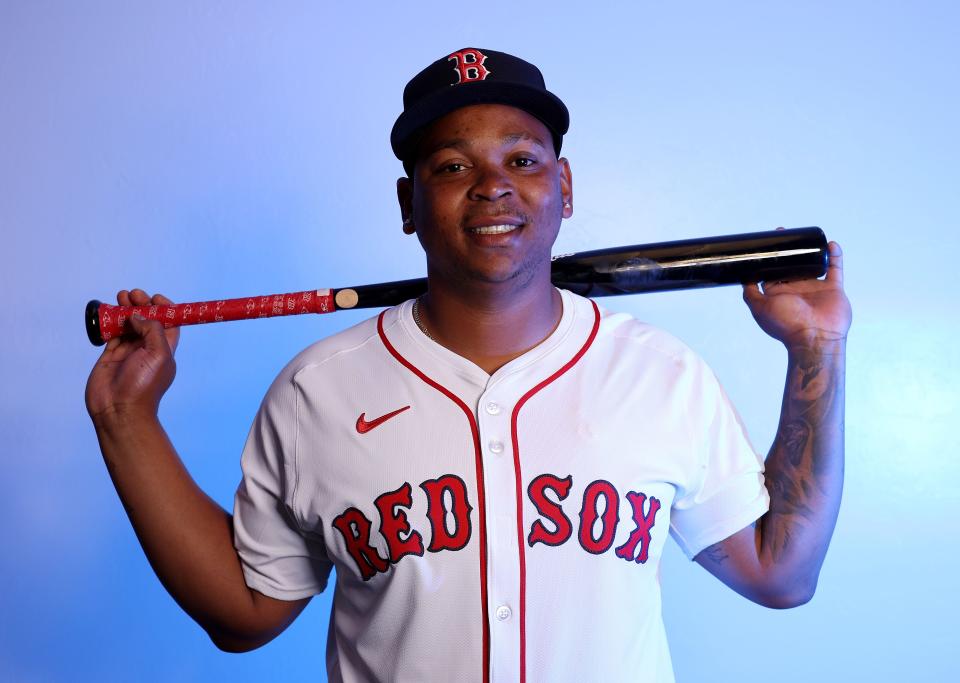FORT MYERS, FLORIDA - FEBRUARY 20: Rafael Devers #11 of the Boston Red Sox poses for a portrait at JetBlue Park at Fenway South on February 20, 2024 in Fort Myers, Florida. (Photo by Elsa/Getty Images)