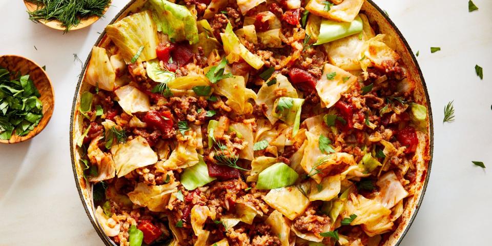 cabbage roll skillet sprinkled with fresh dill and parsley