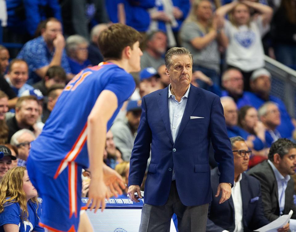 Kentucky coach John Calipari frowned after Rob Dillingham missed a free throw in the team's game against Florida at Rupp Arena on Jan. 31.
