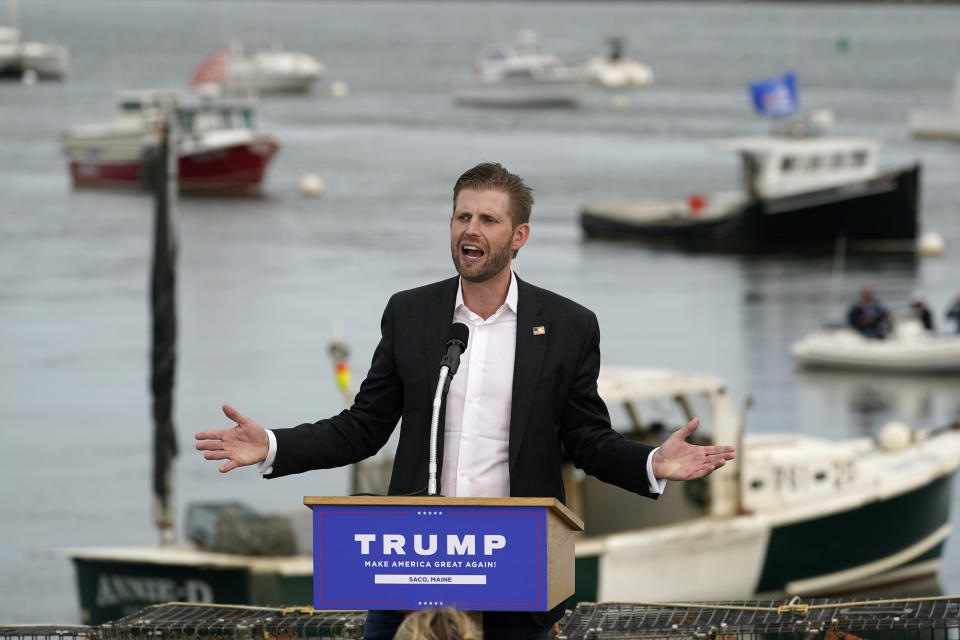 Eric Trump, the son of President Donald Trump, speaks at a campaign rally for his father, Tuesday, Sept. 17, 2020, in Saco, Maine. (AP Photo/Robert F. Bukaty)