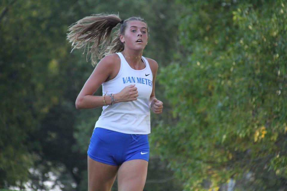 Van Meter's Emma McCoy runs during the Tiger Invitational on Monday, Sept. 18, 2023, at Hillcrest Country Club in Adel.