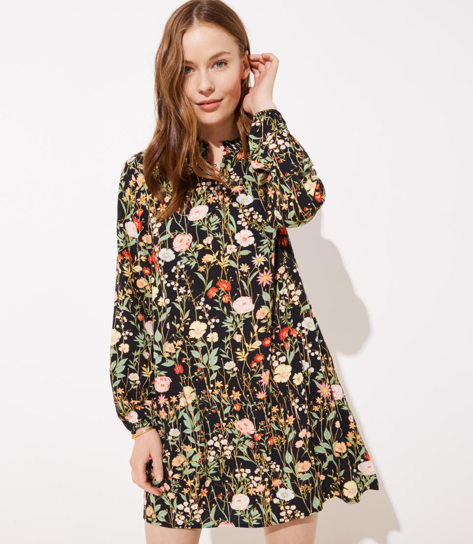 Loft Floral Ruffle Split Neck Dress