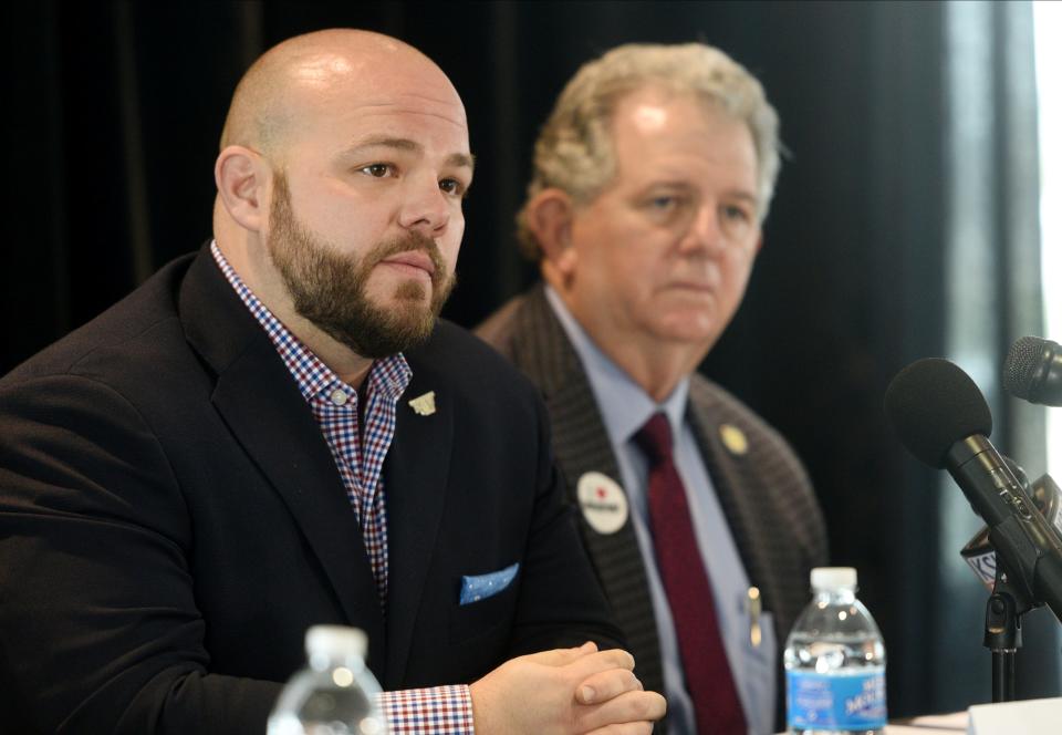 Shreveport Mayor Tom Arceneaux (right) and from Sean Decker from REV Entertainment speak to the crowd during their media event in the skybox at Independence Stadium Thursday morning, March 23, 2023. 