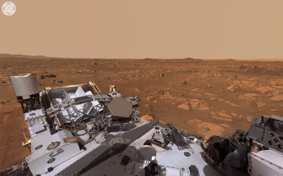 NASA's Perseverance Mars rover looks out on the Martian surface.