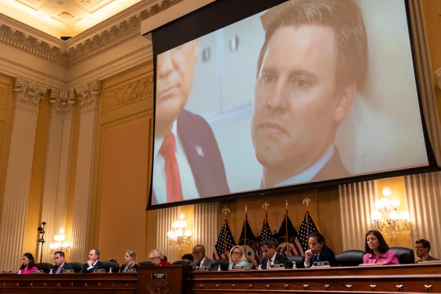 A still photograph of former Trump campaign manager Bill Stepien is shown on screen while excerpts of his deposition are played during a House Jan. 6 committee hearing on Monday. (Photo: Kent Nishimura via Getty Images)