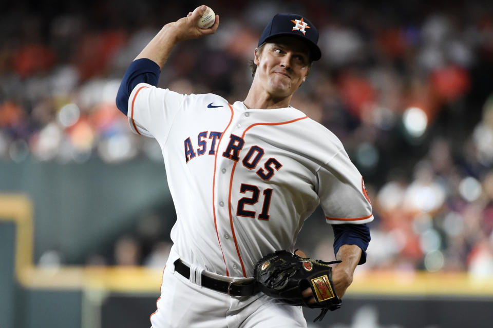 Houston Astros starting pitcher Zack Greinke delivers during the first inning of the team's baseball game against the New York Yankees, Saturday, July 10, 2021, in Houston. (AP Photo/Eric Christian Smith)