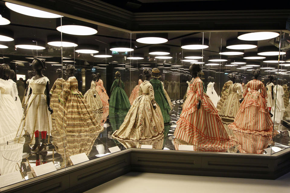 Fashion creations are displayed at the Louis Vuitton-Marc Jacobs exhibit in the Art Decoratifs Museum in Paris, Thursday, March 8, 2012. (AP Photo/Francois Mori)