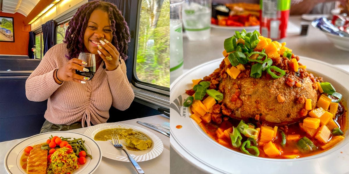 the writer with food on amtrak next to baked chili potato