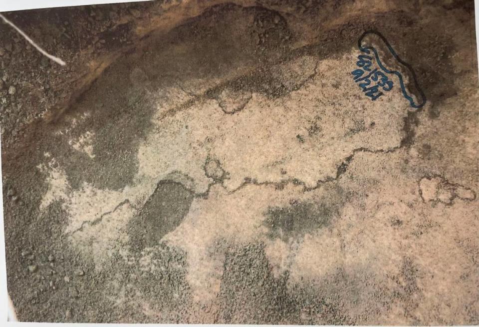 A photo of the stain found underneath Ruben Flores’ house was shown to jurors overseeing the Kristin Smart murder trial at Monterey County Superior Court on Sept. 1, 2022.