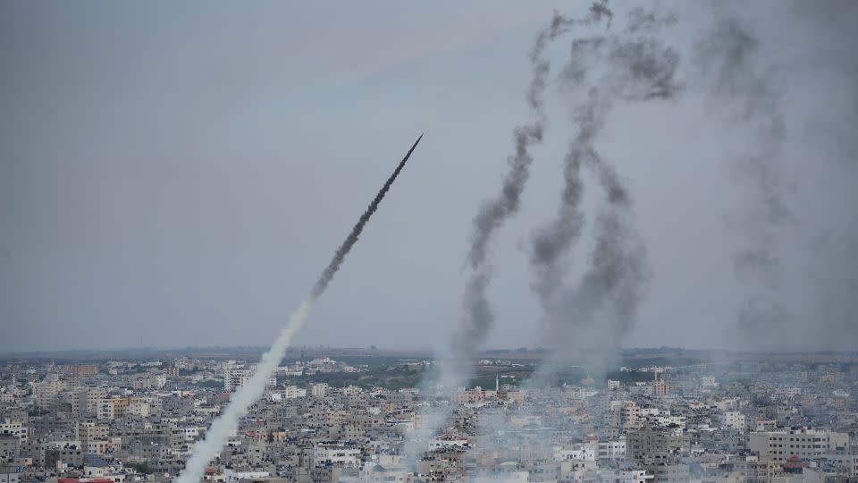 Rockets are launched by Hamas from the Gaza Strip towards Israel on October 7, 2023. - Hatem Moussa/AP