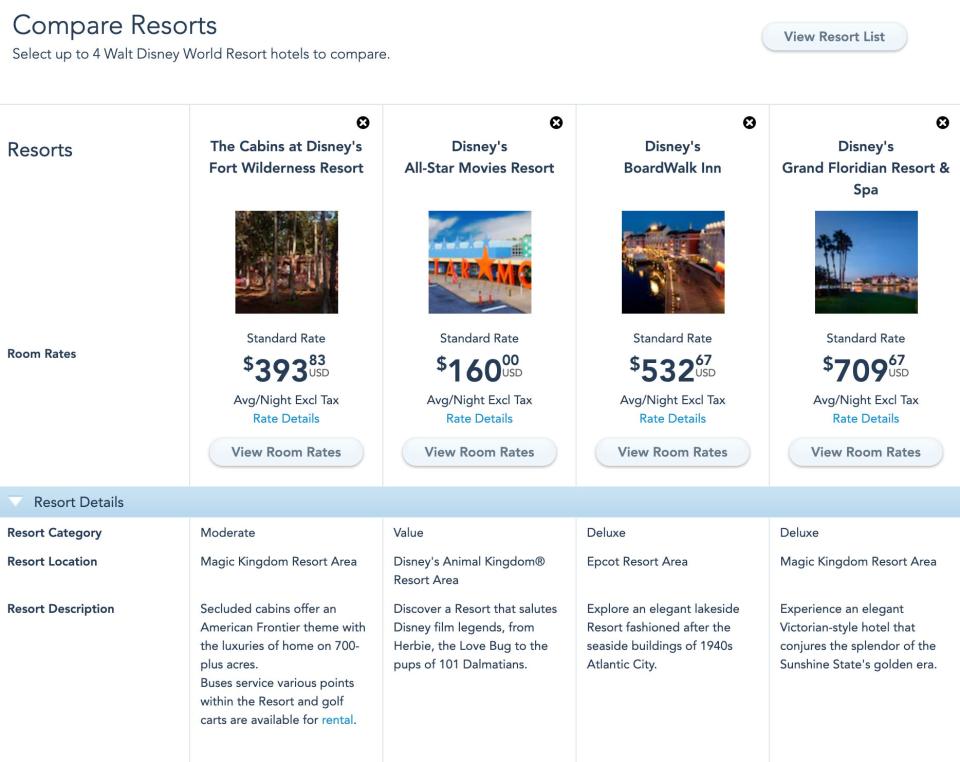 Disney World's room comparison feature on its website.