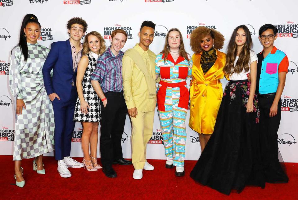 Sofia Wyle, Joshua Bassett, Kate Reinders, Larry Saperstein, Mark St. Cyr, Julia Lester, Dara Renee, Olivia Rodrigo, and Frankie Rodriguez, attend the premiere of Disney+'s 'High School Musical: The Musical: The Series' at Walt Disney Studio Lot on November 01, 2019 in Burbank, California