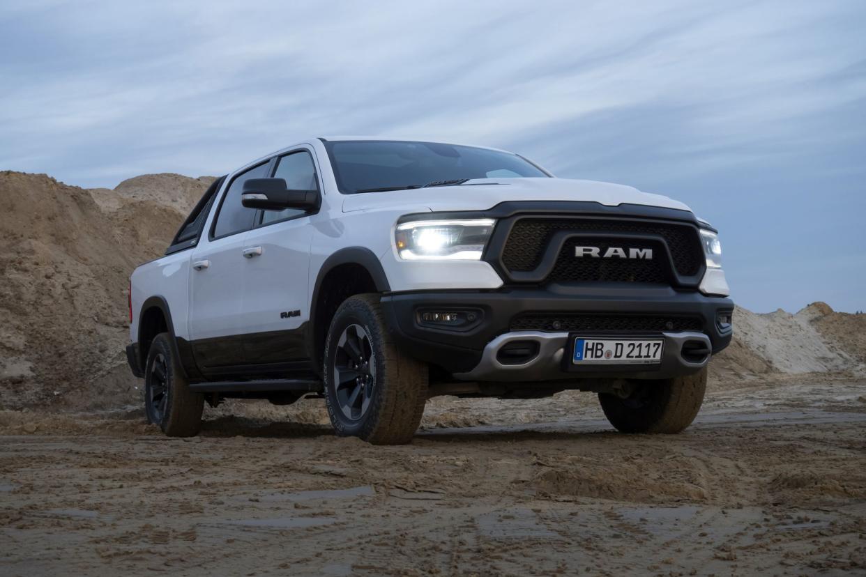 Berlin, Germany - 12 January, 2020: RAM 1500 Rebel stopped on unpaved road. RAM is one of the most popular pickup vehicles in North America.