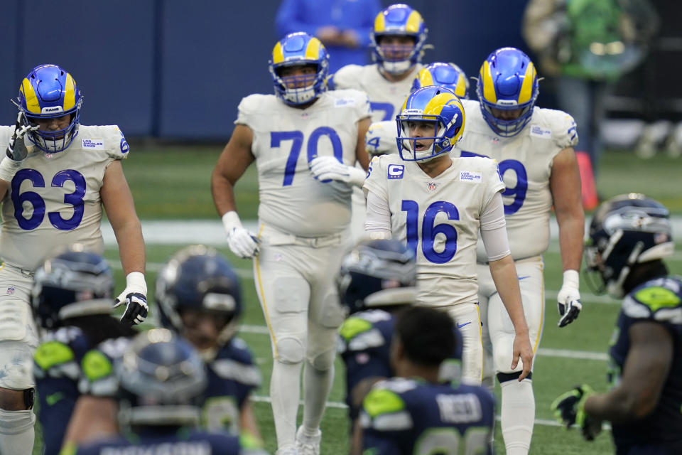 Los Angeles Rams quarterback Jared Goff (16) walks off the field after a play against the Seattle Seahawks during the second half of an NFL football game, Sunday, Dec. 27, 2020, in Seattle. (AP Photo/Elaine Thompson)