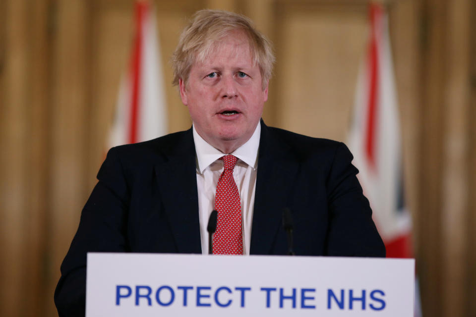 Prime Minister Boris Johnson speaks during a news conference on the ongoing situation with the coronavirus disease (COVID-19) in London, Britain March 22, 2020.  Ian Vogler/Pool via REUTERS